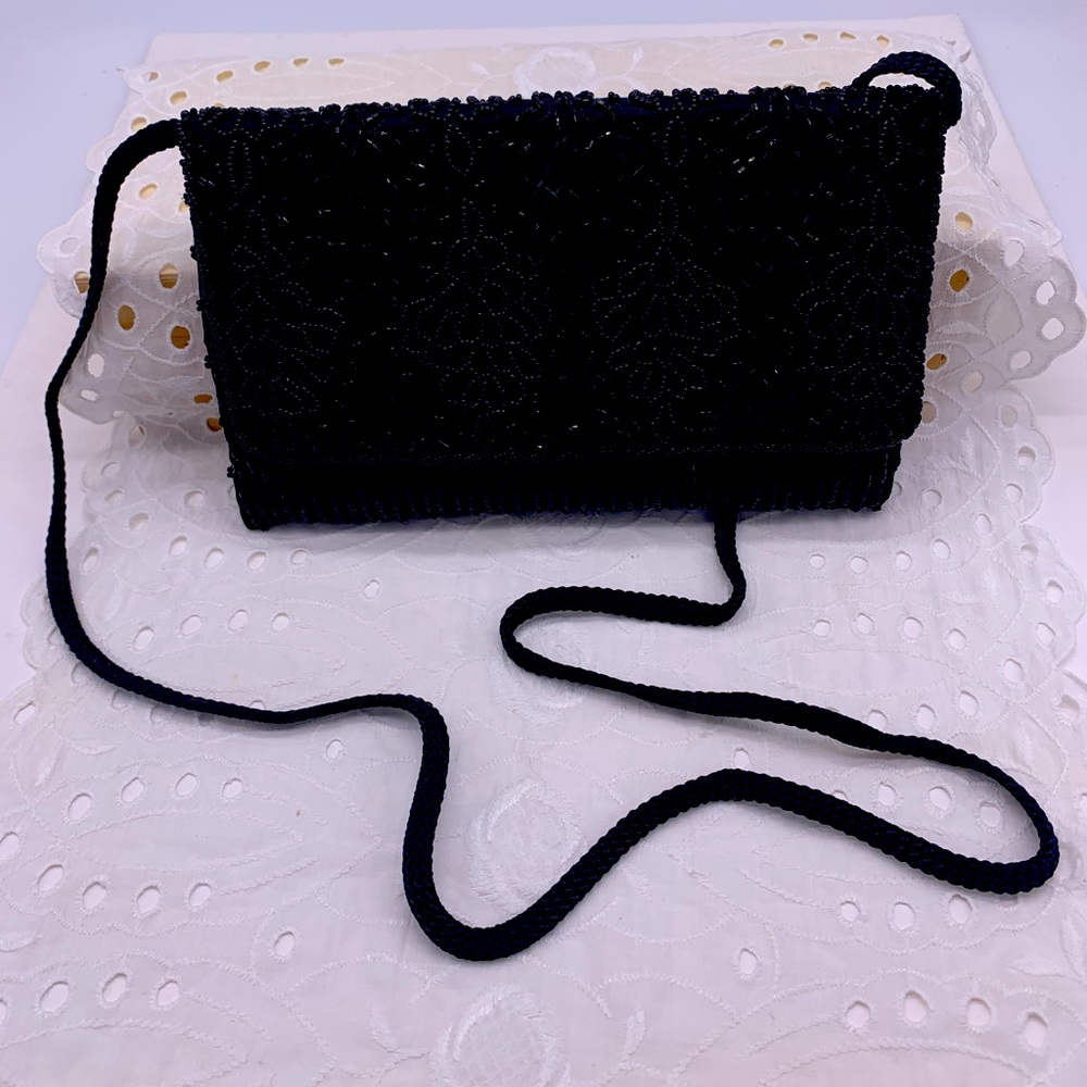 Black La Regale Beaded Bag with Shoulder Strap